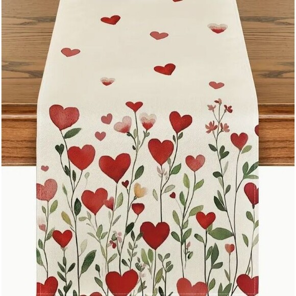 Table Runner 13x108in Woven Polyester Heart Flowers Off white - Picture 1 of 3